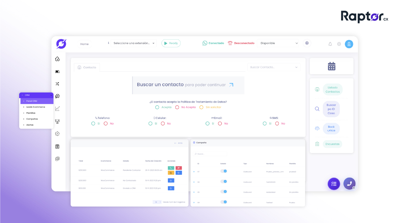 Interfaz de Raptor CRM en la plataforma
