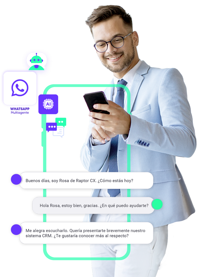 Asesor atendiendo clientes por WhatsApp Multiagente con asistente de IA y CRM de Raptor